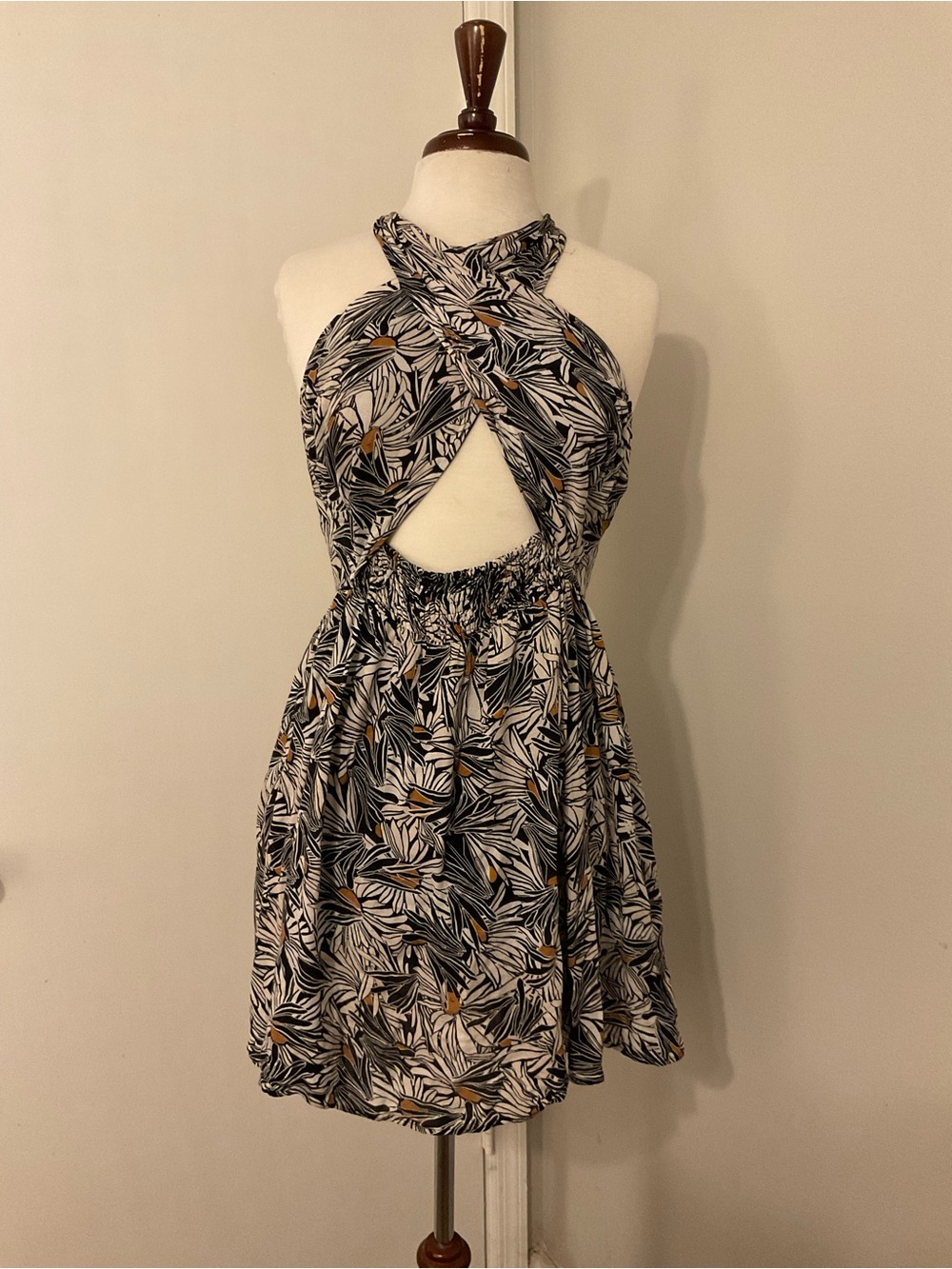 Free People Black and White Leaf Print Halter Cutout Mini Dress with Tan Accents